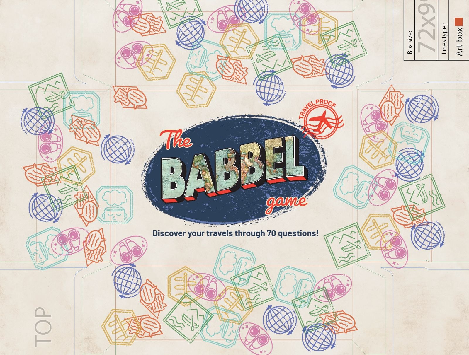 Flat print artwork for the Babbel Game box covered in colourful stamps